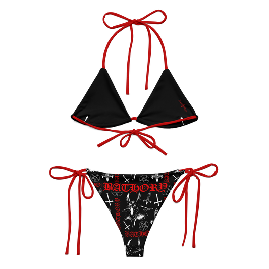 BATHORY Black and White Pattern with Red Logo Bikini Swimsuit