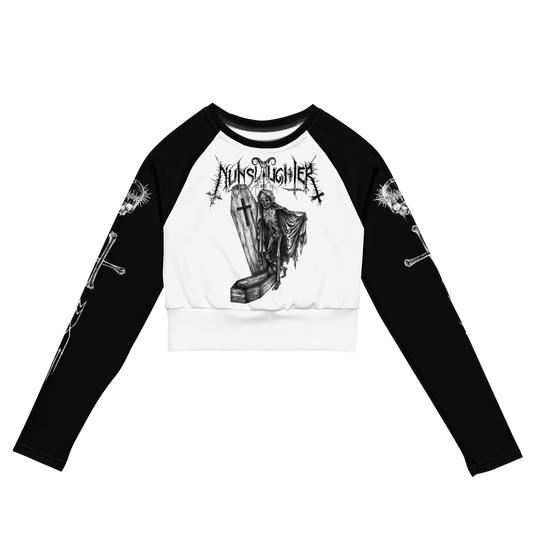 Nunslaughter Angelic Dread official long sleeve crop top with black sleeves by Metal Mistress